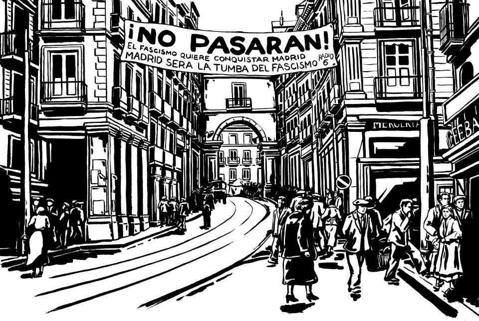 Illustration: Strassenszene in Madrid mit «¡NO PASARAN!»-Plakat