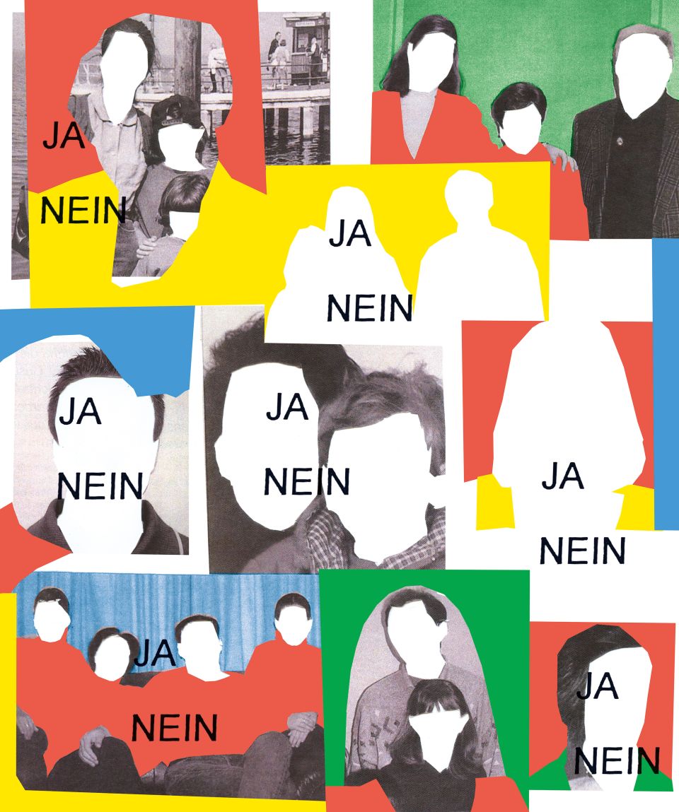 Illustration: Kollage von Portraitfotos mit ausgeschnittenen Gesichtern