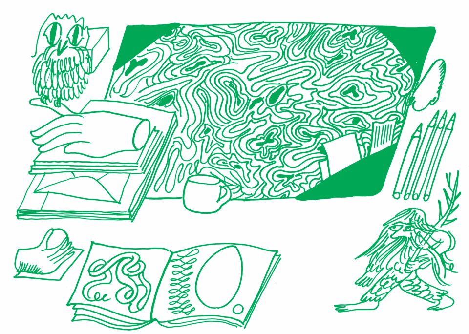 Zeichnung von Olga Prader: eine Tischoberfläche mit diversen Gegenständen