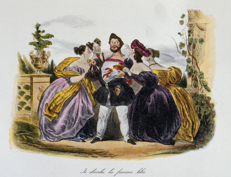 Illustration von 1830: mehrere Frauen umringen einen Mann