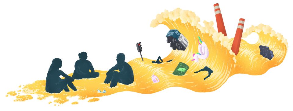 Illustration: drei Personen sitzten beieinander, hinter ihnen türmt sich eine Flutwelle auf, welche Menschen, Schornsteine, Fahrzeuge, eine Ampel, ein Fass und ein aufblasbares Einhorn verschlingt
