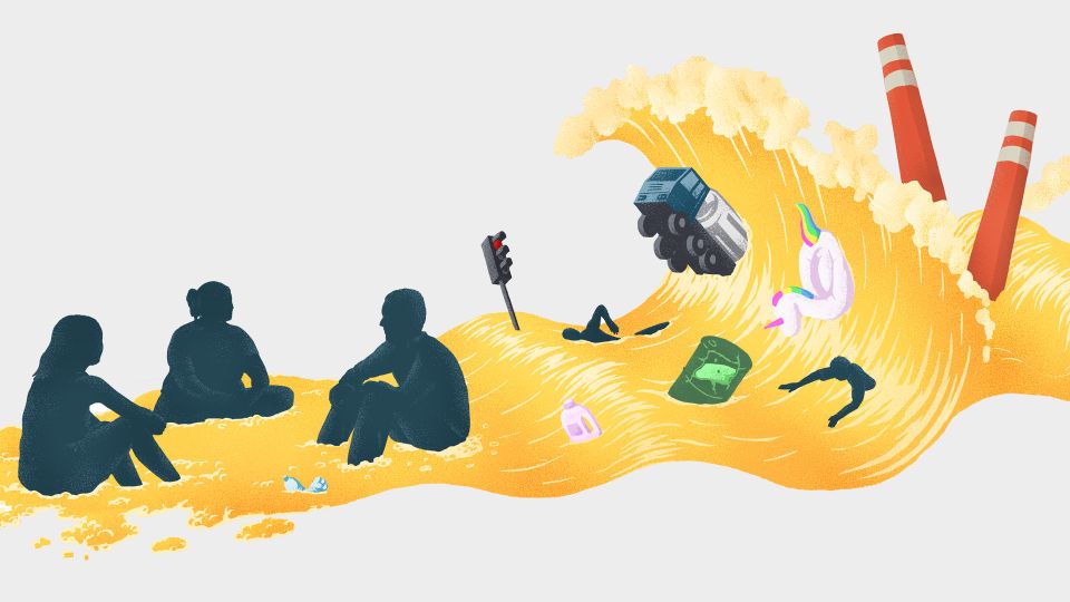 Illustration: drei Personen sitzten beieinander, hinter ihnen türmt sich eine Flutwelle auf, welche Menschen, Schornsteine, Fahrzeuge, eine Ampel, ein Fass und ein aufblasbares Einhorn verschlingt