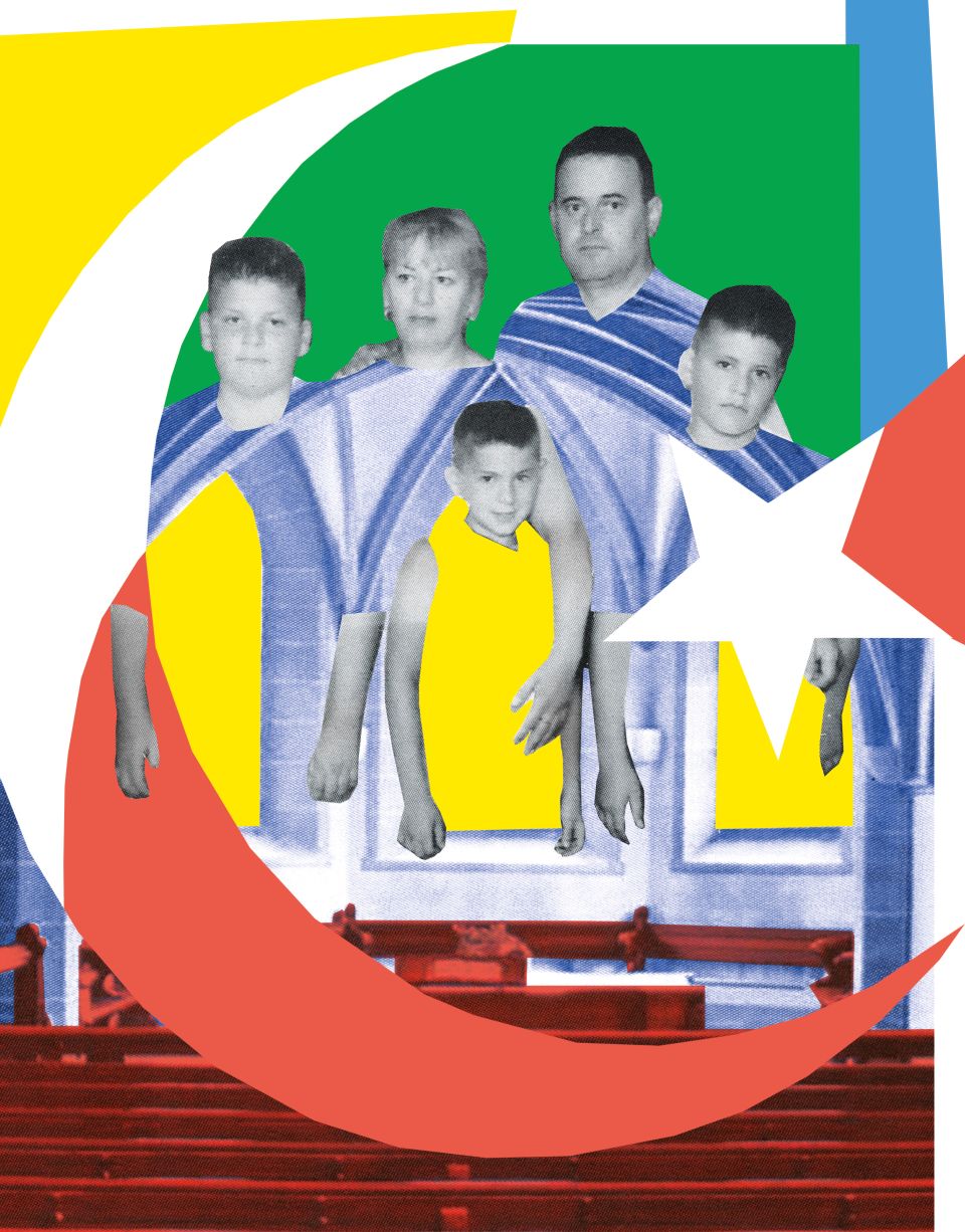 Illustration: Kollage von Portraitfotos mit ausgeschnittenen Gesichtern