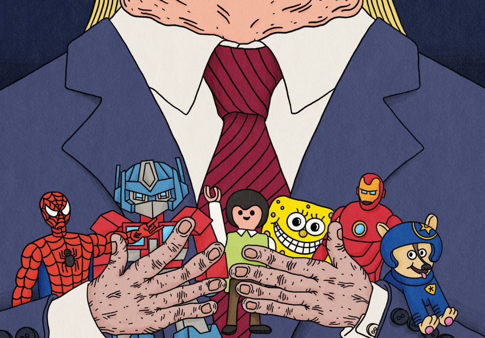 Illustration von Dario Forlin: Donald Trump hält Spielfiguren in den Händen