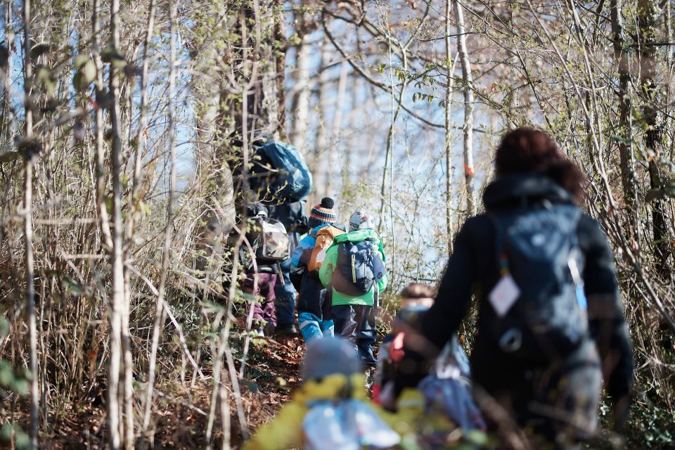 Kinder und Betreuer:innen der Spielgruppe Bürzelbaum unterwegs im Wald ob Näfels