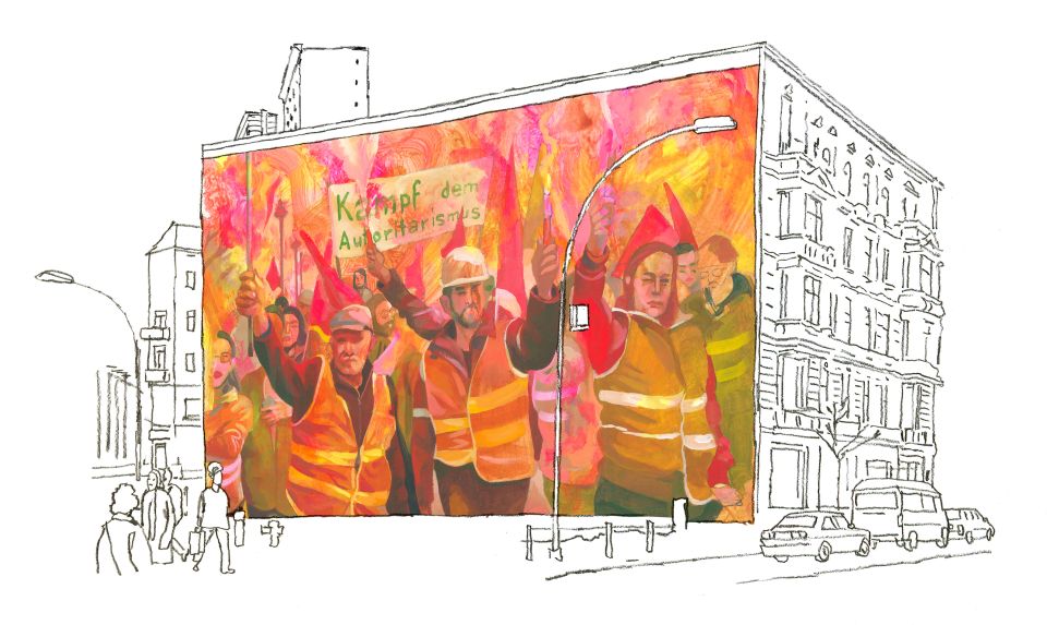Illustration von Andreas Gefe: Menschen unterwegs vor einem Wandbild welches streikende Arbeiter:innen zeigt