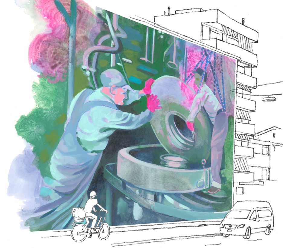 Illustration von Andreas Gefe: Strassenverkehr vor einem Wandbild, welches Industriearbeiter zeigt