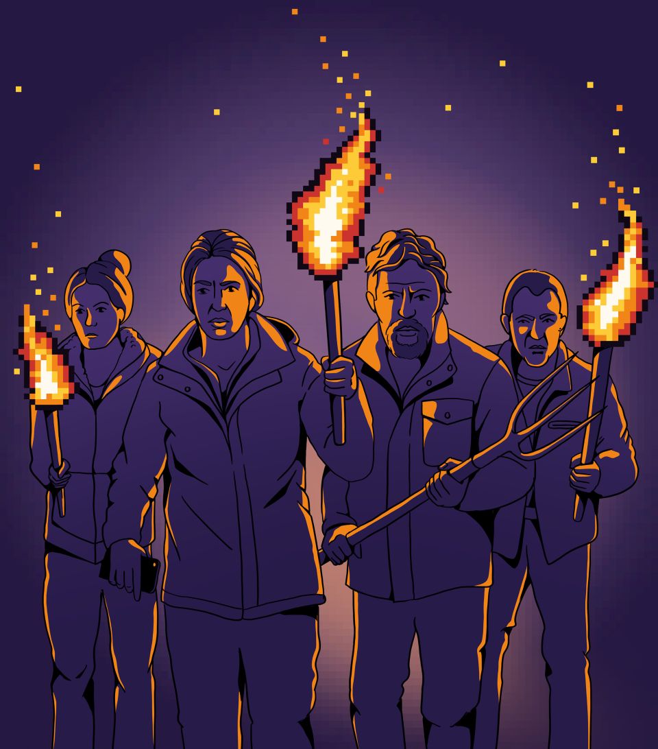 Illustration: eine Gruppe von wütenden Menschen mit Smartphones, Mistgabeln und Pixel-Fackeln