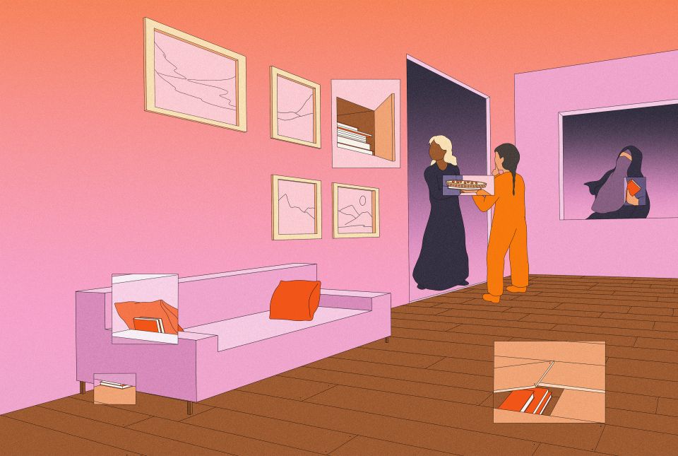 Illustration von Julia Demierre: zwei Frauen in einem Raum, wo Bücher an diversen Orten versteckt sind