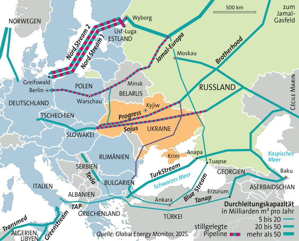 Landkarte mit aktiven und stillgelegten Gas-Pipelines welche nach Europa führen