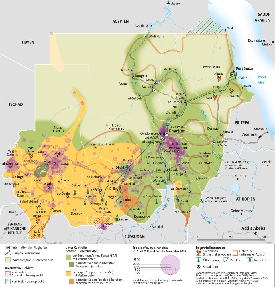 Infografik zum Sudan: Konfliktparteien, kontrollierte Gebiete, Todesopfer, begehrte Ressourcen, Verkehrsinfrastruktur