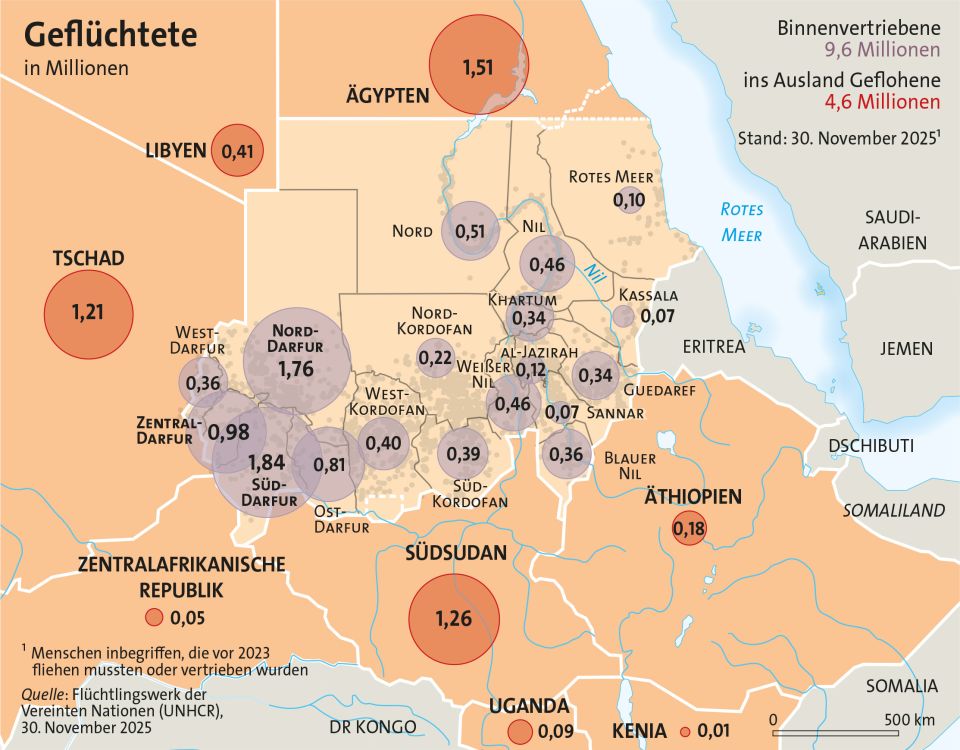 Karte des Sudan und umliegenden Ländern mit Angaben zu Geflüchteten