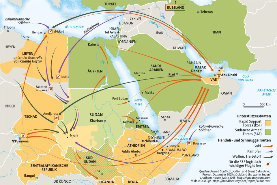 Karte von Nordafrika, Nahost und der arabischen Halbinsel mit Unterstützerstaaten der Konfliktparteien und Handels- und Schmuggelrouten