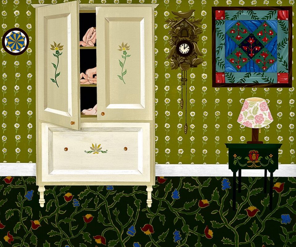 Anne Buckwalter, Cabinet With Figurines, 2025, Gouache auf Holz, 50,8 × 70 cm Foto: Justin Craun