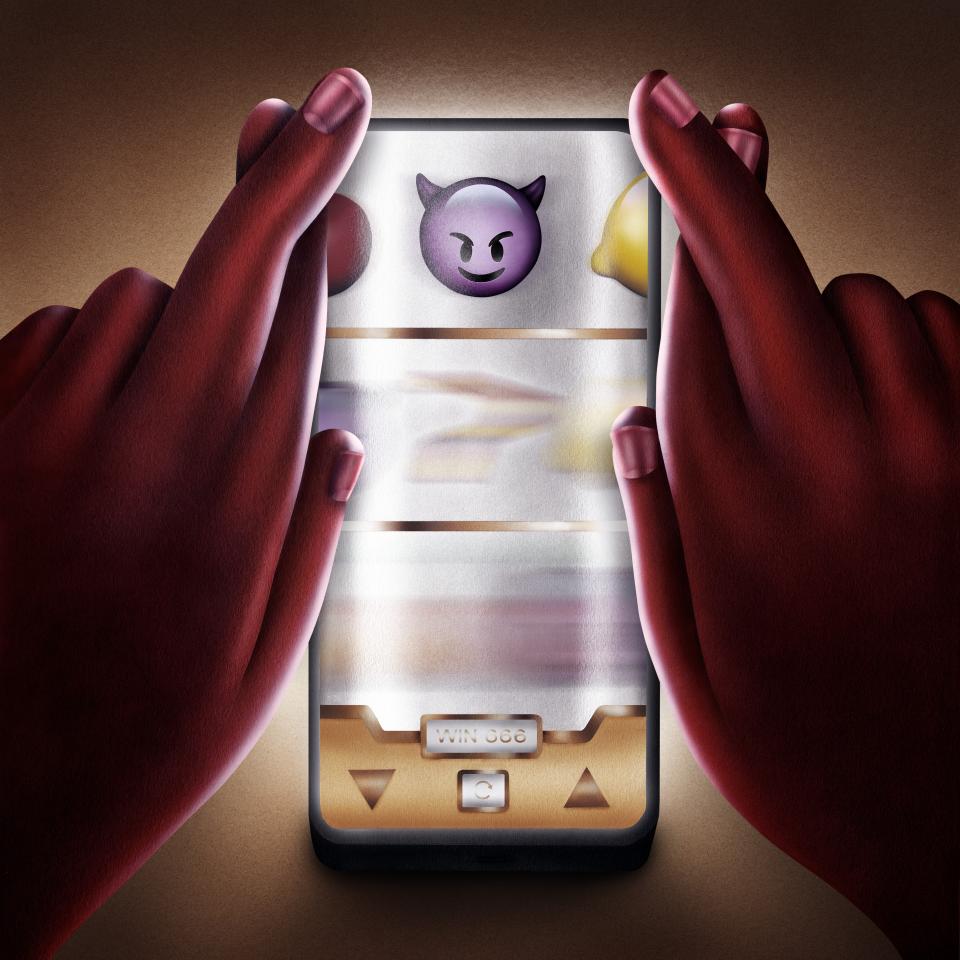 Illustration: Hände bedienen einen virtuellen Spielautomaten auf einem Smartphone-Bildschirm
