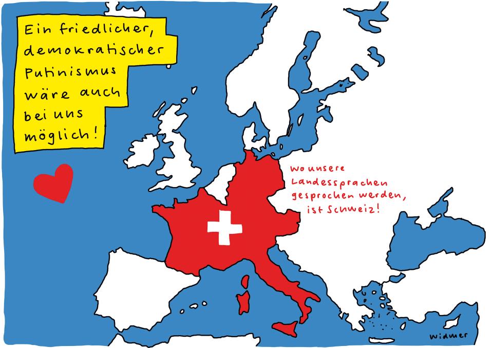 Comic von Ruedi Widmer: Eine Europakarte mit neuen Grenzen rund um die Schweiz