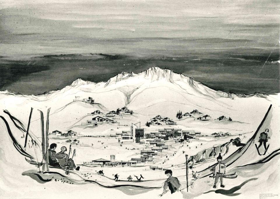 Illustration: Skipiste mit Menschen und einem Feriendorf im Hintergrund