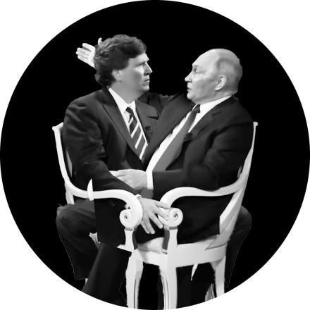 Fotomontage: Tucker Carlson und Wladimir Putin sitzen gemeinsam auf einem Stuhl